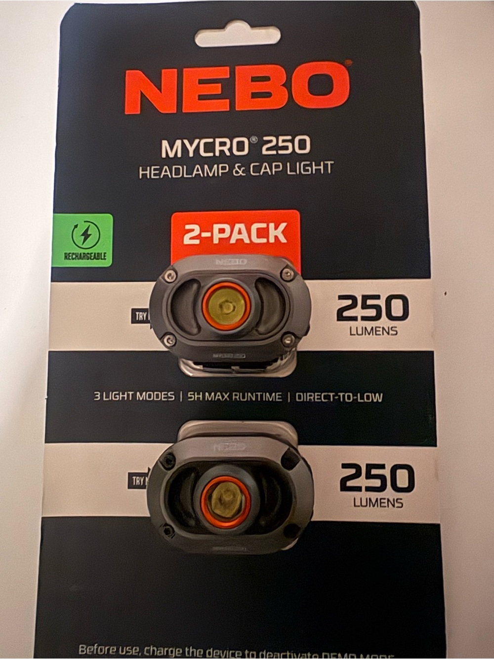 NEBO Mycro 250 Rechargeable LED Headlamp & Cap Light 2-Pack NEB-HLP-1010 NEW